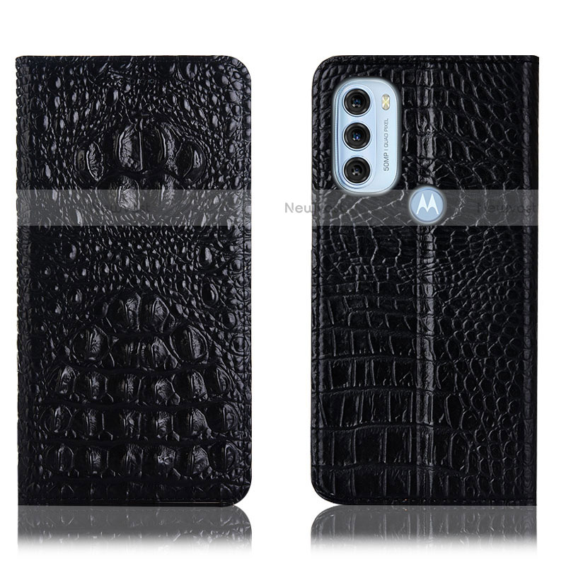 Leather Case Stands Flip Cover Holder H01P for Motorola Moto G71 5G Black