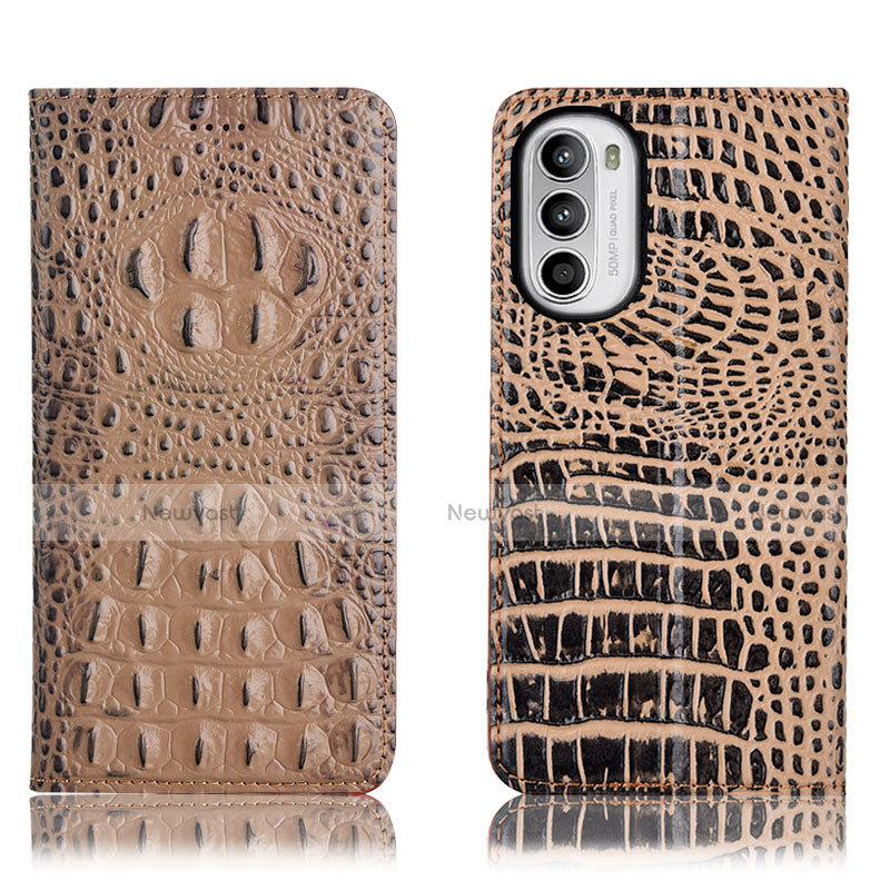 Leather Case Stands Flip Cover Holder H01P for Motorola Moto G71s 5G Khaki