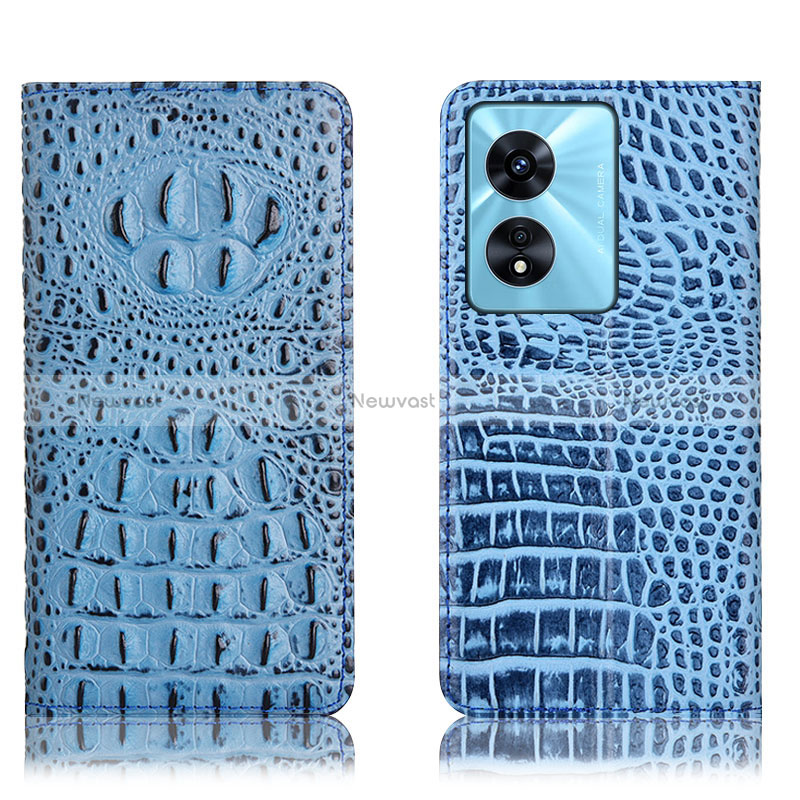 Leather Case Stands Flip Cover Holder H01P for Oppo A58x 5G Sky Blue