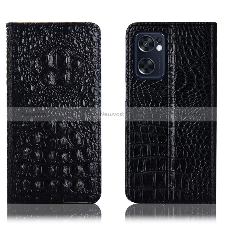Leather Case Stands Flip Cover Holder H01P for Oppo Reno7 SE 5G Black