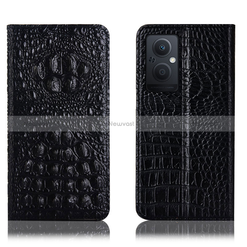 Leather Case Stands Flip Cover Holder H01P for Oppo Reno8 Lite 5G Black