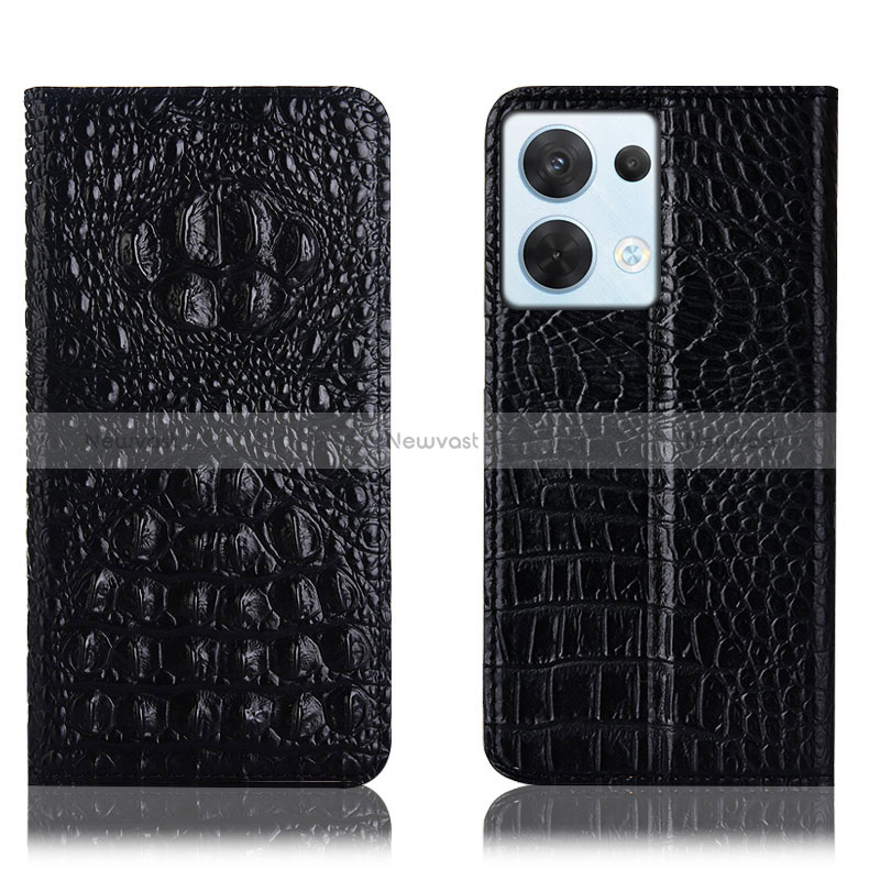 Leather Case Stands Flip Cover Holder H01P for Oppo Reno9 5G Black
