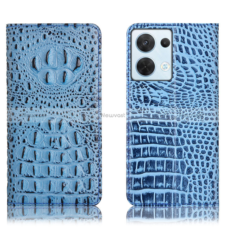 Leather Case Stands Flip Cover Holder H01P for Oppo Reno9 Pro 5G Sky Blue