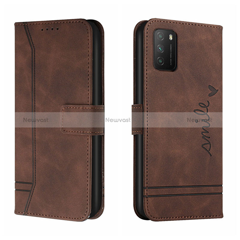 Leather Case Stands Flip Cover Holder H01X for Xiaomi Poco M3 Brown