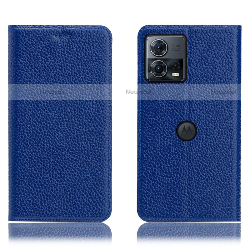 Leather Case Stands Flip Cover Holder H02P for Motorola Moto Edge 30 Fusion 5G Blue