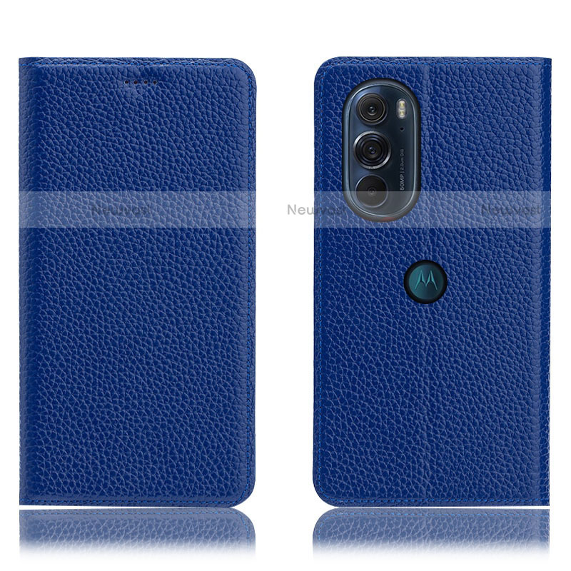 Leather Case Stands Flip Cover Holder H02P for Motorola Moto Edge 30 Pro 5G Blue