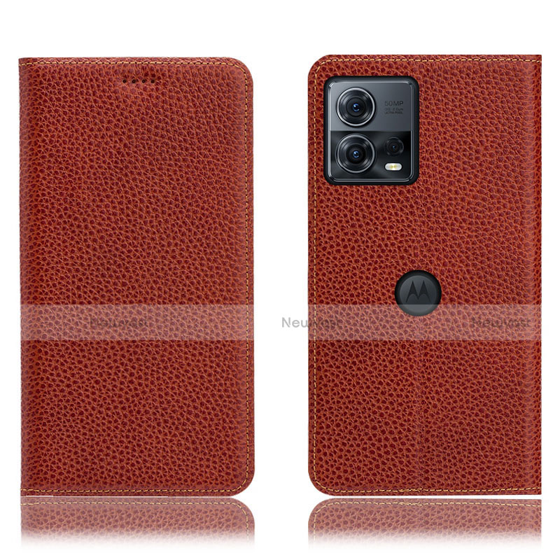 Leather Case Stands Flip Cover Holder H02P for Motorola Moto Edge S30 Pro 5G Brown