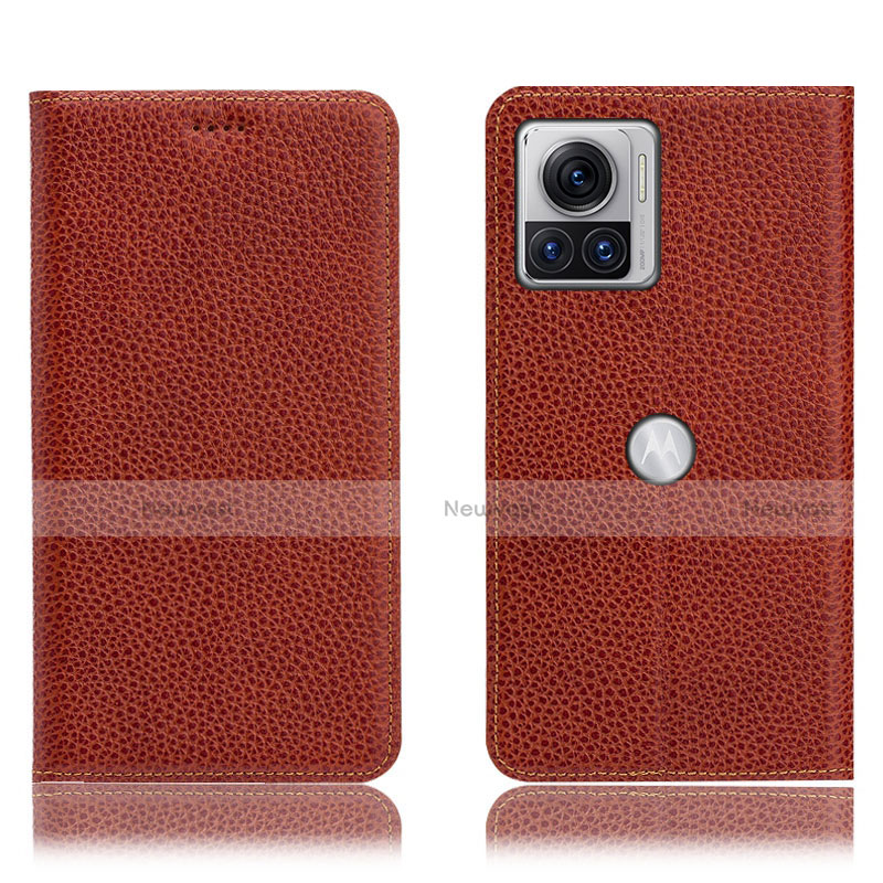 Leather Case Stands Flip Cover Holder H02P for Motorola Moto Edge X30 Pro 5G Brown