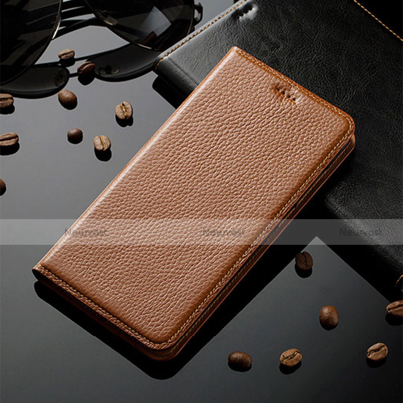 Leather Case Stands Flip Cover Holder H02P for Motorola Moto G20 Light Brown