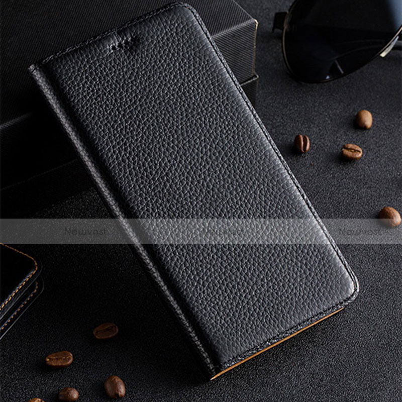 Leather Case Stands Flip Cover Holder H02P for Motorola Moto G30 Black