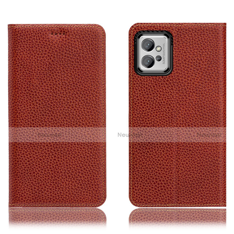 Leather Case Stands Flip Cover Holder H02P for Motorola Moto G32 Brown