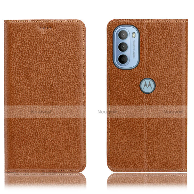 Leather Case Stands Flip Cover Holder H02P for Motorola Moto G41 Light Brown