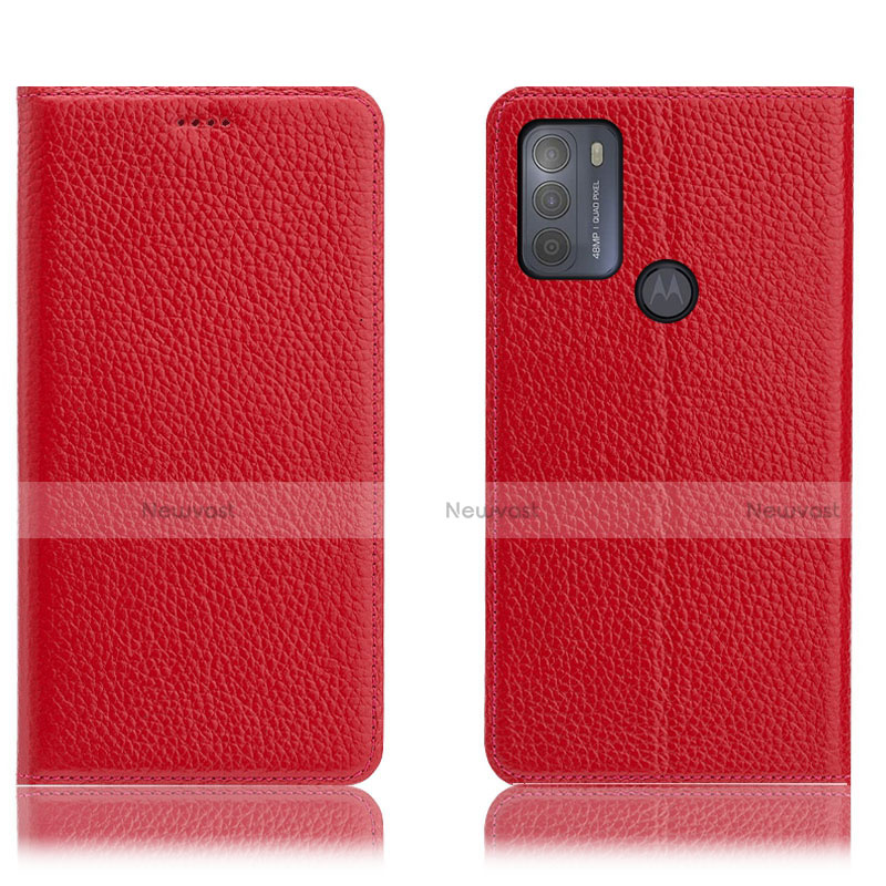 Leather Case Stands Flip Cover Holder H02P for Motorola Moto G50 Red