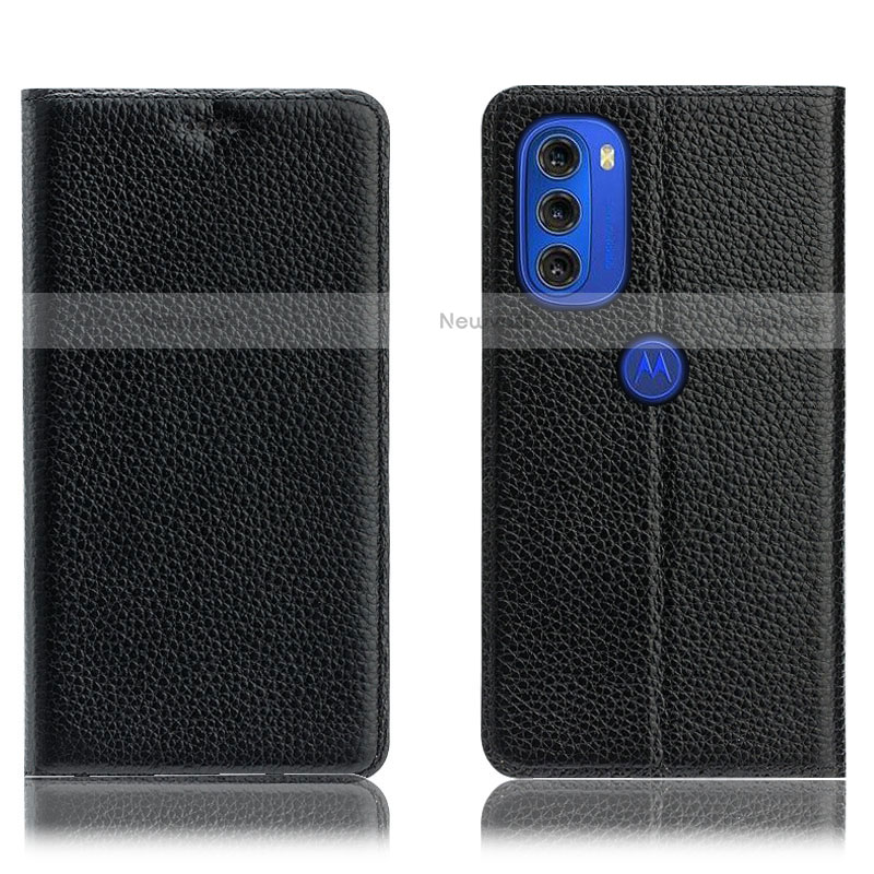Leather Case Stands Flip Cover Holder H02P for Motorola Moto G51 5G Black