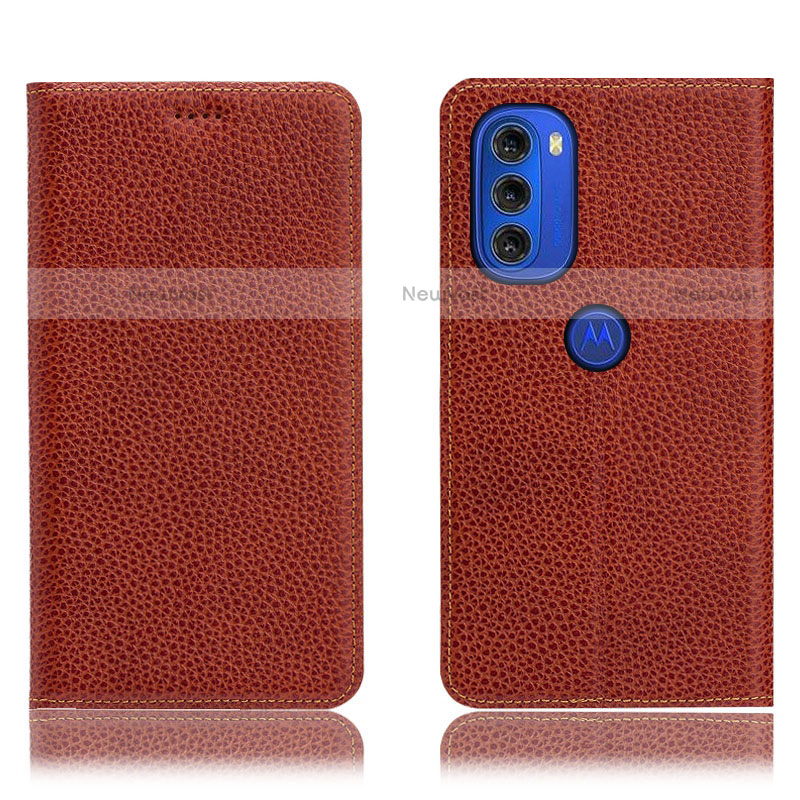 Leather Case Stands Flip Cover Holder H02P for Motorola Moto G51 5G Brown