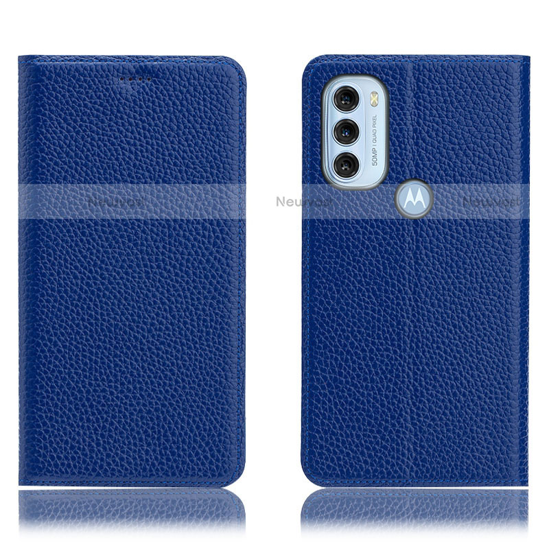 Leather Case Stands Flip Cover Holder H02P for Motorola Moto G71 5G Blue