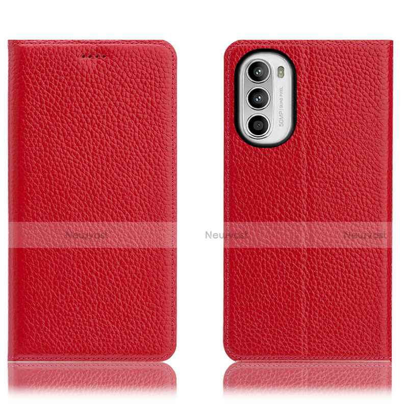 Leather Case Stands Flip Cover Holder H02P for Motorola Moto G71s 5G Red