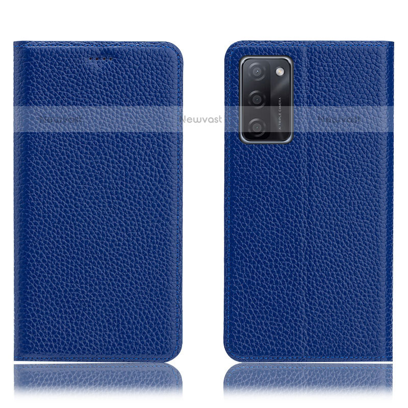 Leather Case Stands Flip Cover Holder H02P for Oppo A55S 5G Blue