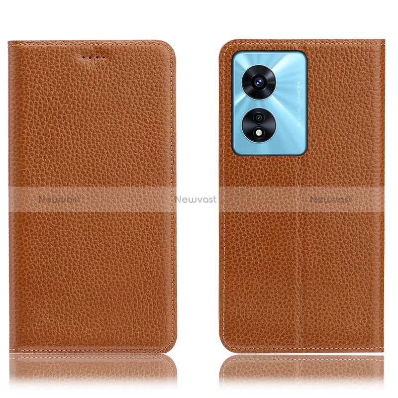Leather Case Stands Flip Cover Holder H02P for Oppo A58 5G Light Brown