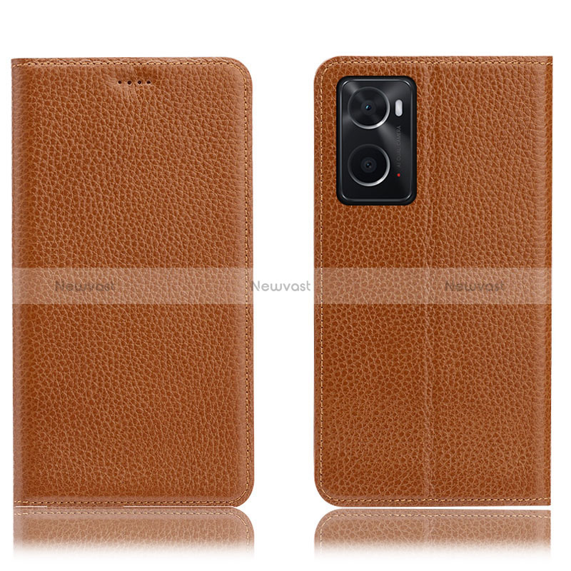 Leather Case Stands Flip Cover Holder H02P for Oppo A76 Light Brown