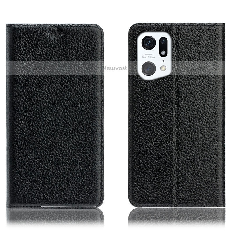 Leather Case Stands Flip Cover Holder H02P for Oppo Find X5 Pro 5G Black
