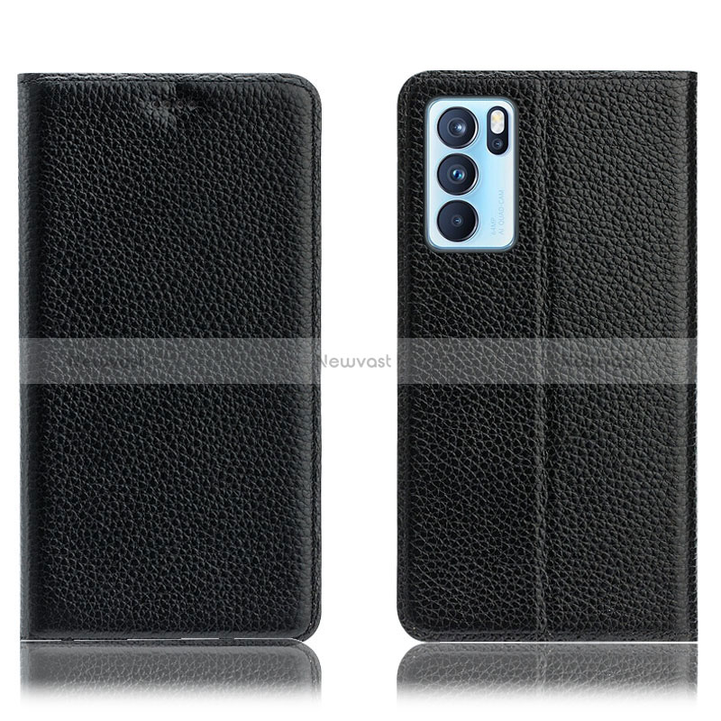 Leather Case Stands Flip Cover Holder H02P for Oppo Reno6 Pro 5G India Black