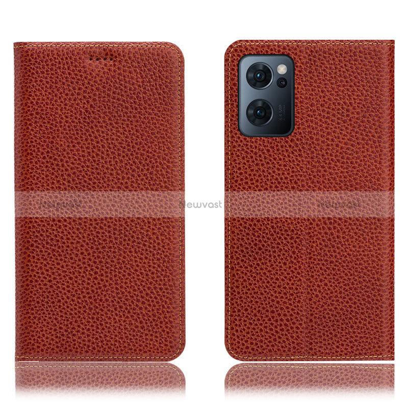 Leather Case Stands Flip Cover Holder H02P for Oppo Reno7 5G Brown