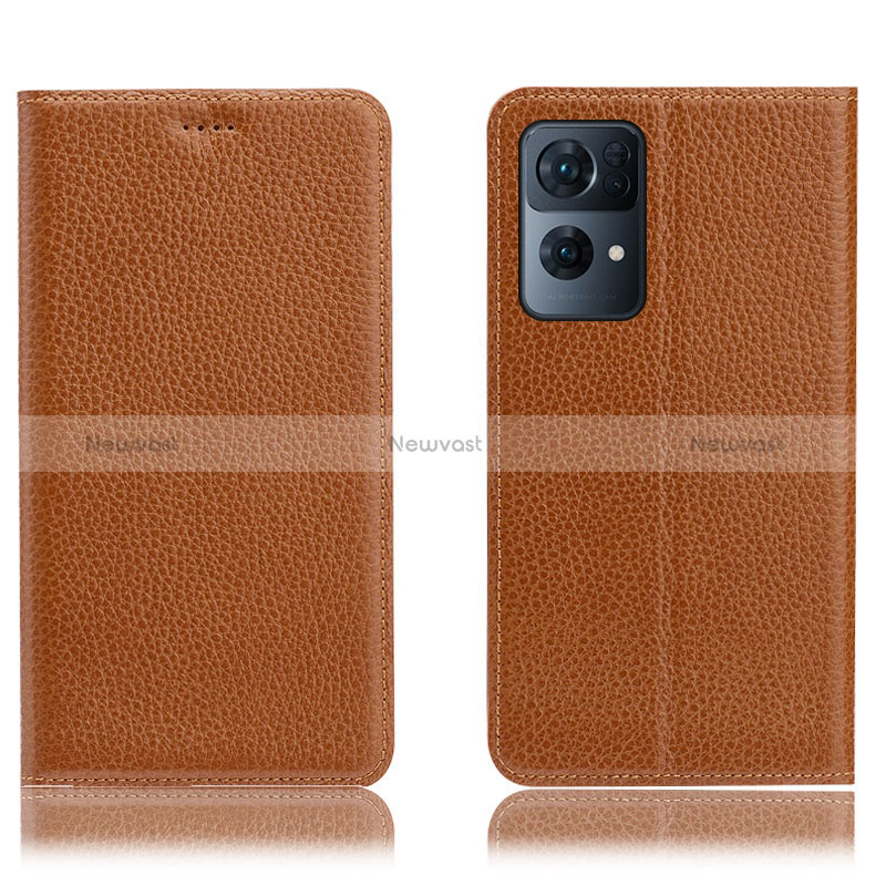 Leather Case Stands Flip Cover Holder H02P for Oppo Reno7 Pro 5G Light Brown