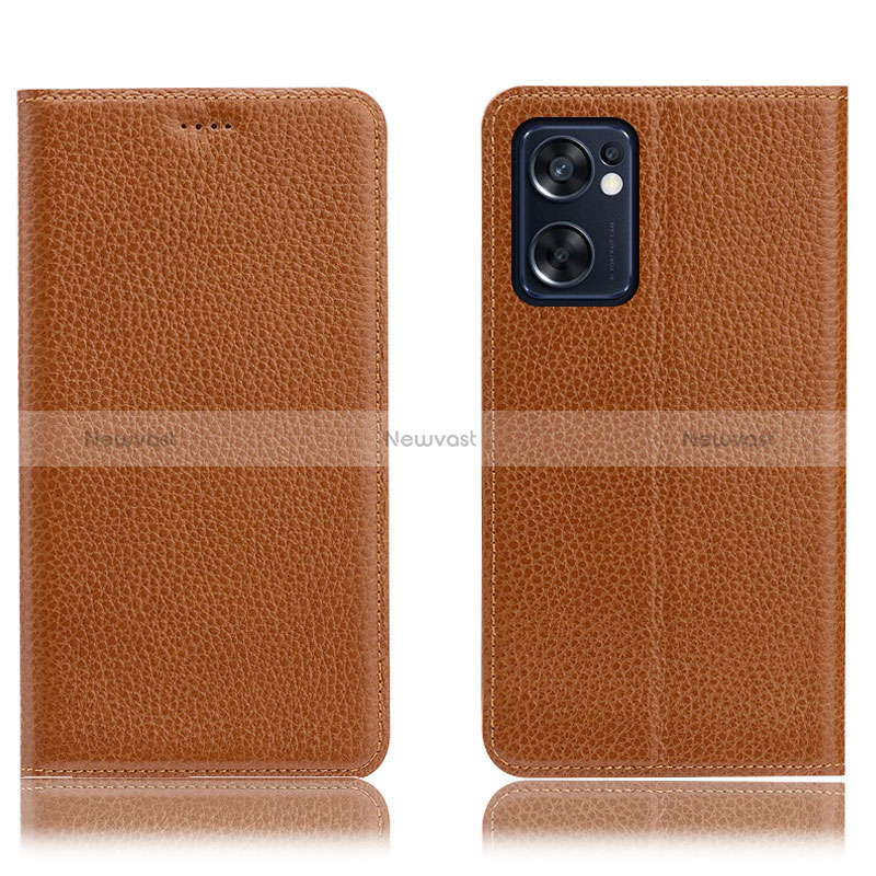 Leather Case Stands Flip Cover Holder H02P for Oppo Reno7 SE 5G Light Brown