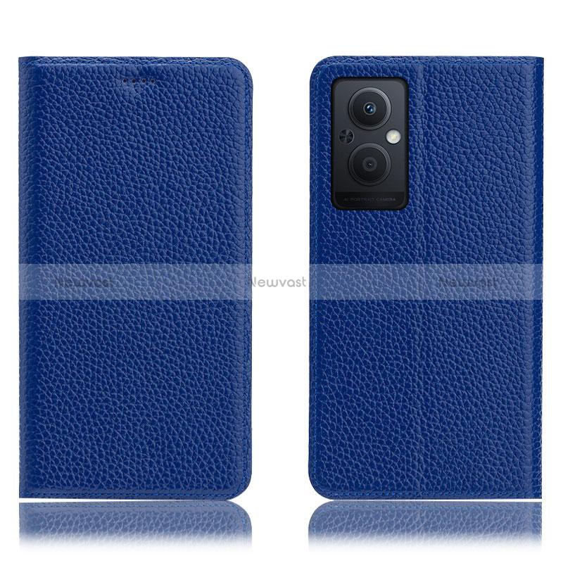 Leather Case Stands Flip Cover Holder H02P for Oppo Reno7 Z 5G Blue