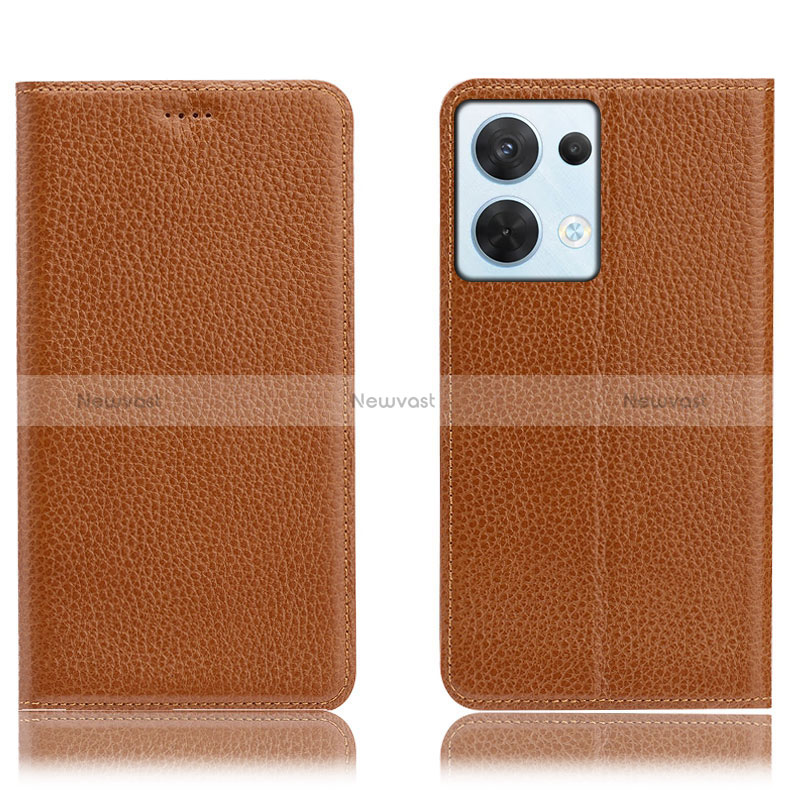 Leather Case Stands Flip Cover Holder H02P for Oppo Reno8 5G Light Brown