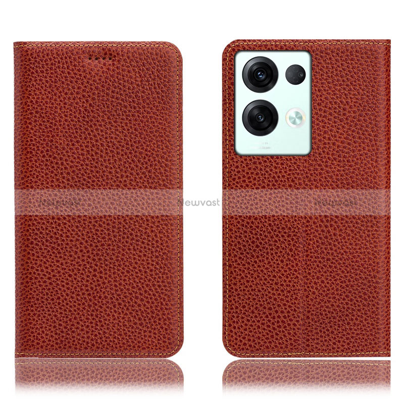 Leather Case Stands Flip Cover Holder H02P for Oppo Reno8 Pro+ Plus 5G Brown