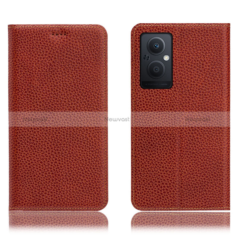 Leather Case Stands Flip Cover Holder H02P for Oppo Reno8 Z 5G Brown