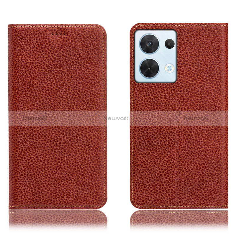 Leather Case Stands Flip Cover Holder H02P for Oppo Reno9 5G Brown