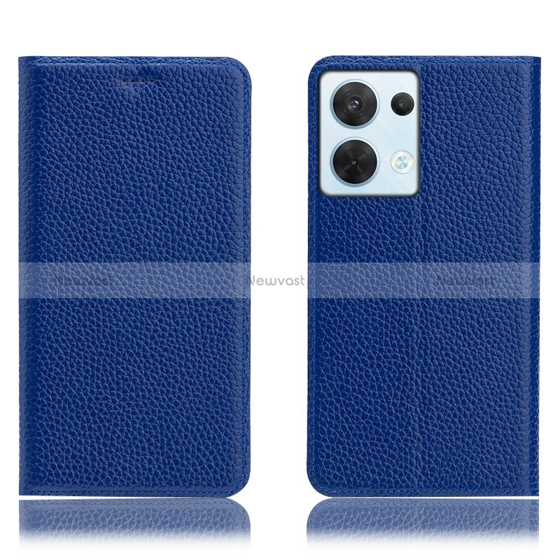 Leather Case Stands Flip Cover Holder H02P for Oppo Reno9 Pro 5G Blue