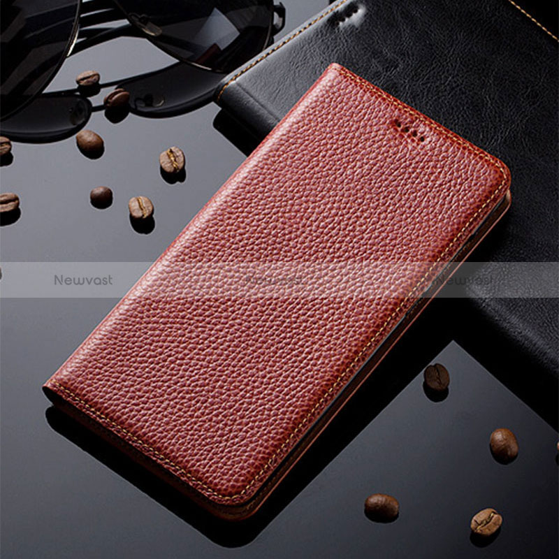 Leather Case Stands Flip Cover Holder H02P for Samsung Galaxy A14 5G Brown