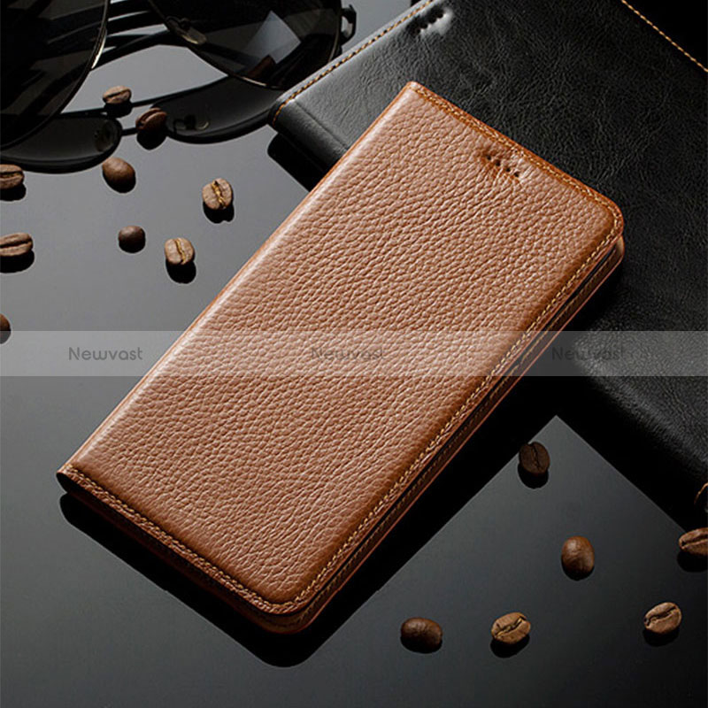 Leather Case Stands Flip Cover Holder H02P for Samsung Galaxy A20s Light Brown