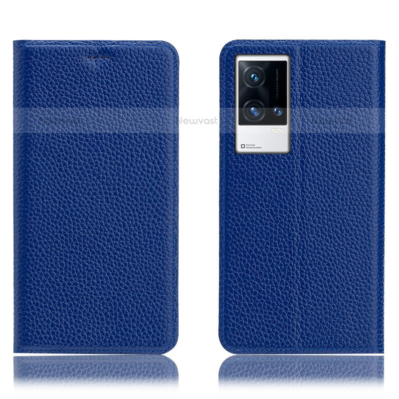 Leather Case Stands Flip Cover Holder H02P for Vivo iQOO 8 5G Blue