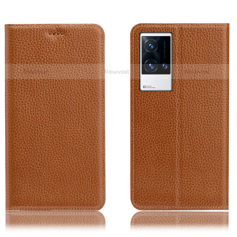 Leather Case Stands Flip Cover Holder H02P for Vivo iQOO 8 5G Light Brown