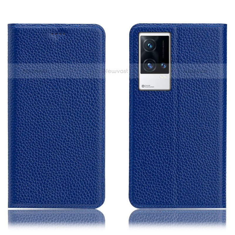 Leather Case Stands Flip Cover Holder H02P for Vivo iQOO 8 Pro 5G Blue