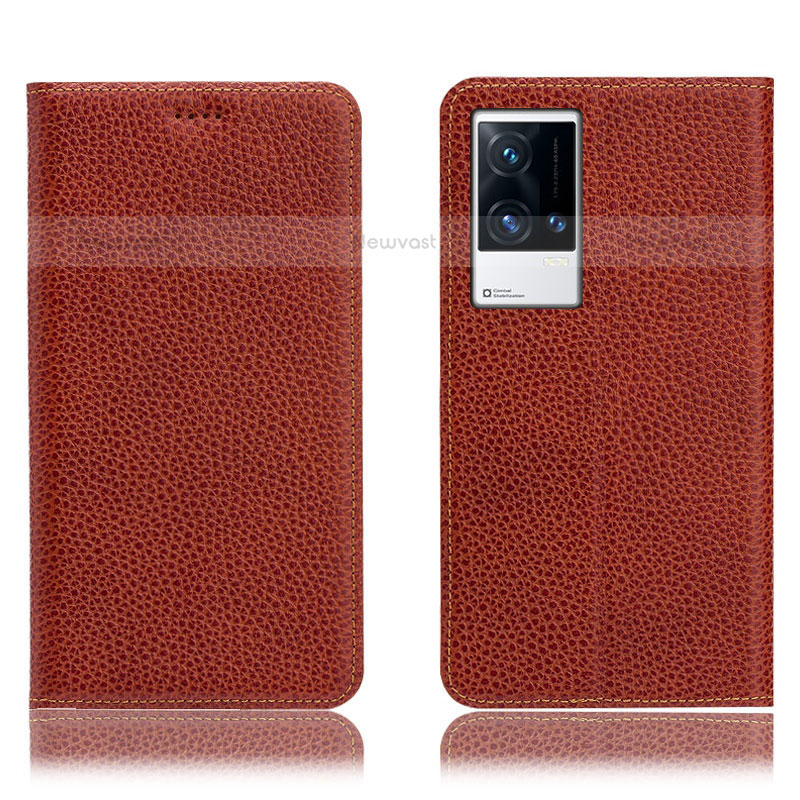 Leather Case Stands Flip Cover Holder H02P for Vivo iQOO 8 Pro 5G Brown