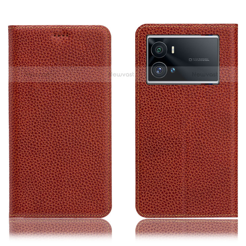 Leather Case Stands Flip Cover Holder H02P for Vivo iQOO 9 5G Brown