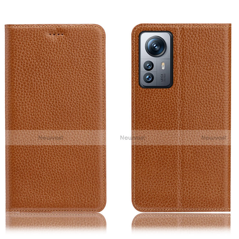 Leather Case Stands Flip Cover Holder H02P for Xiaomi Mi 12 5G Light Brown