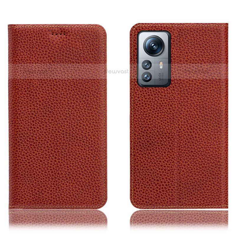 Leather Case Stands Flip Cover Holder H02P for Xiaomi Mi 12 Pro 5G Brown