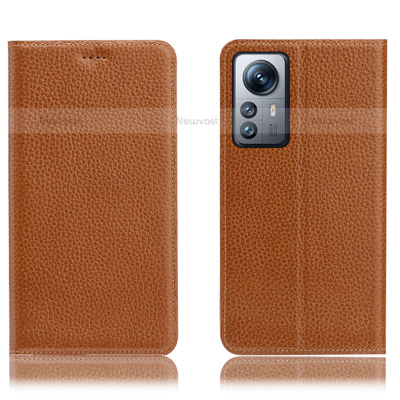 Leather Case Stands Flip Cover Holder H02P for Xiaomi Mi 12 Pro 5G Light Brown