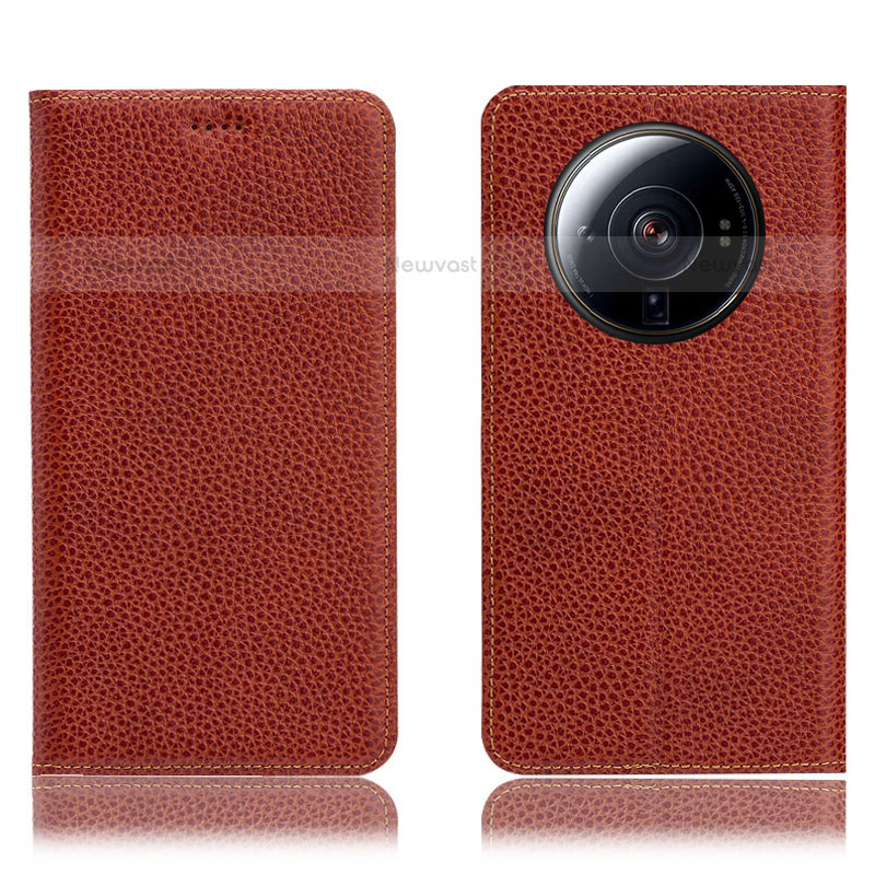 Leather Case Stands Flip Cover Holder H02P for Xiaomi Mi 12S Ultra 5G Brown