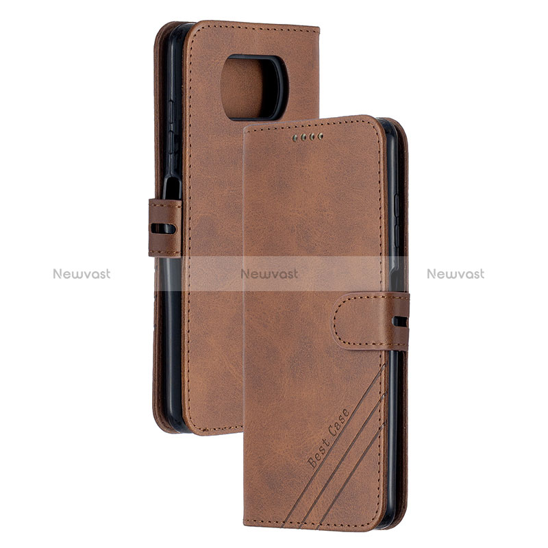 Leather Case Stands Flip Cover Holder H02X for Xiaomi Poco X3 NFC Brown