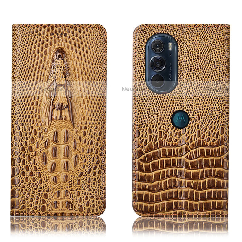 Leather Case Stands Flip Cover Holder H03P for Motorola Moto Edge 30 Pro 5G Brown