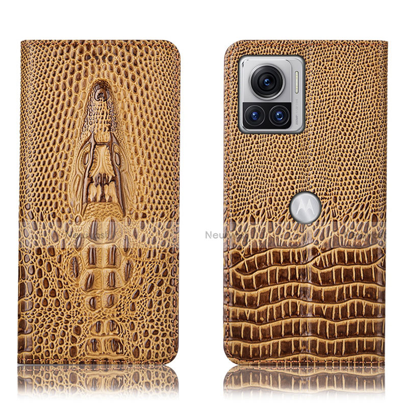 Leather Case Stands Flip Cover Holder H03P for Motorola Moto Edge X30 Pro 5G Brown