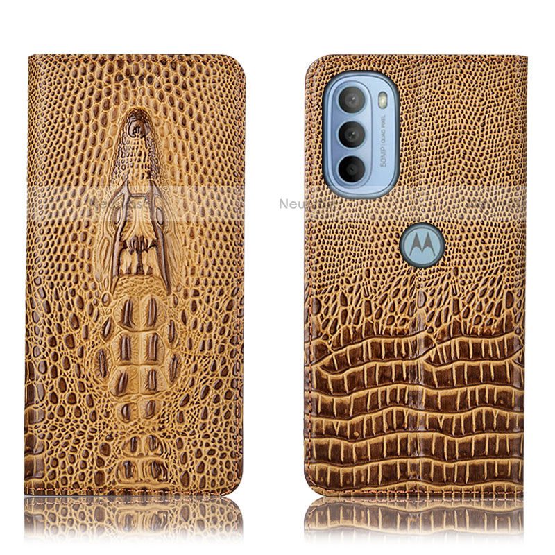 Leather Case Stands Flip Cover Holder H03P for Motorola Moto G31 Brown